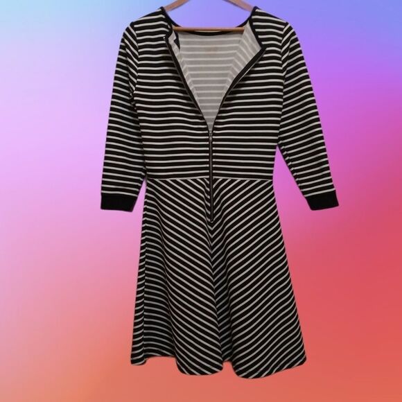 Blue Rain Skater Dress, Black and White Stripe, Fit and Flare, Circle Skirt NWOT - Picture 2 of 4